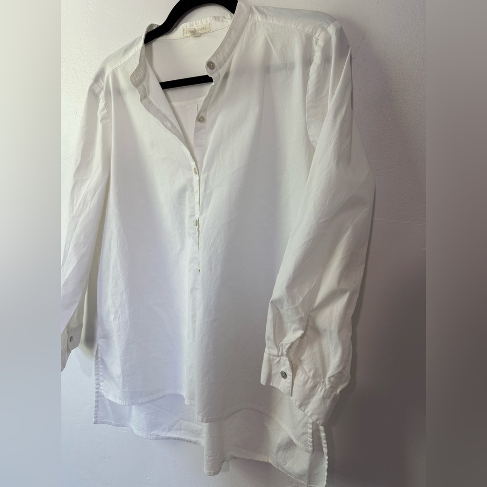 EILEEN FISHER Organic Cotton White Collarless Tunic Shirt - Picture 3 of 5